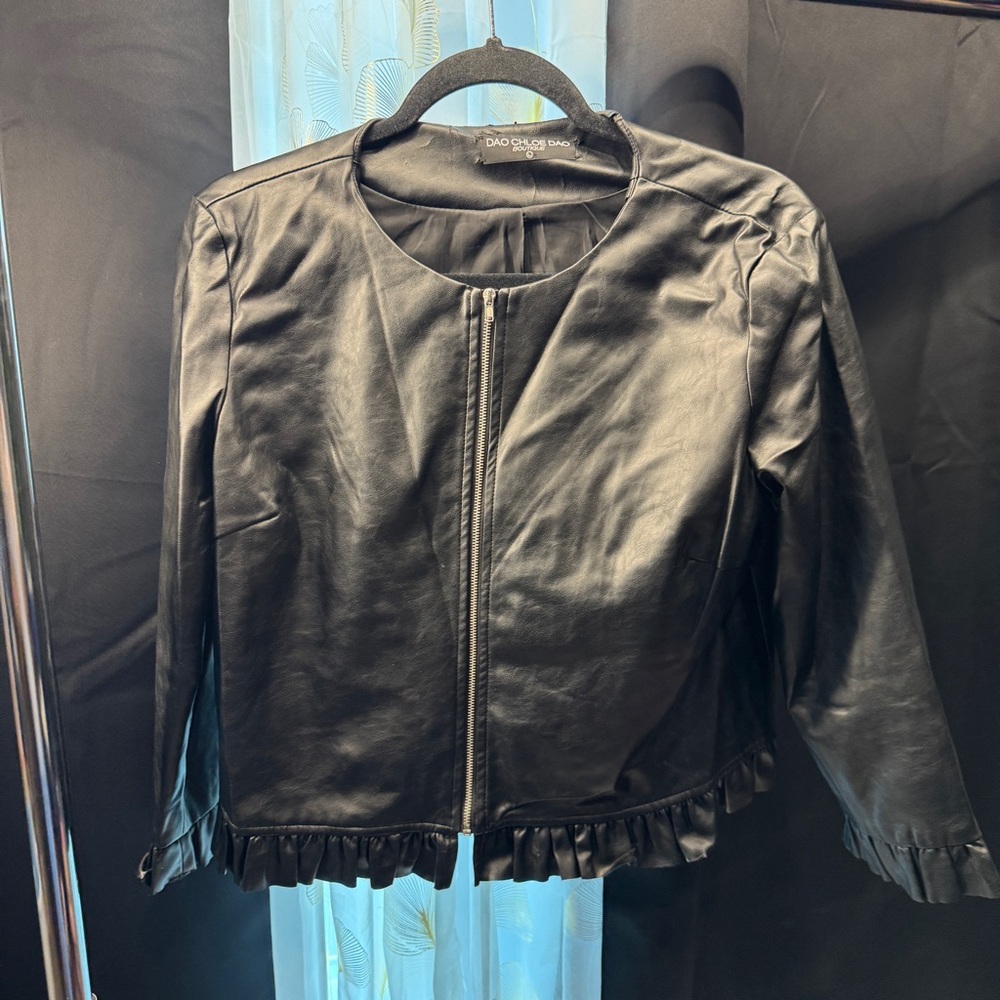 Chloe Dao Black Leather Jacket with Ruffle Hem